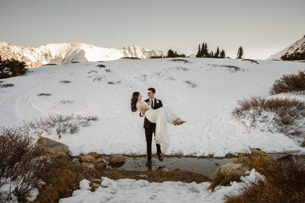 winter snow adventurous mountain elopement wedding