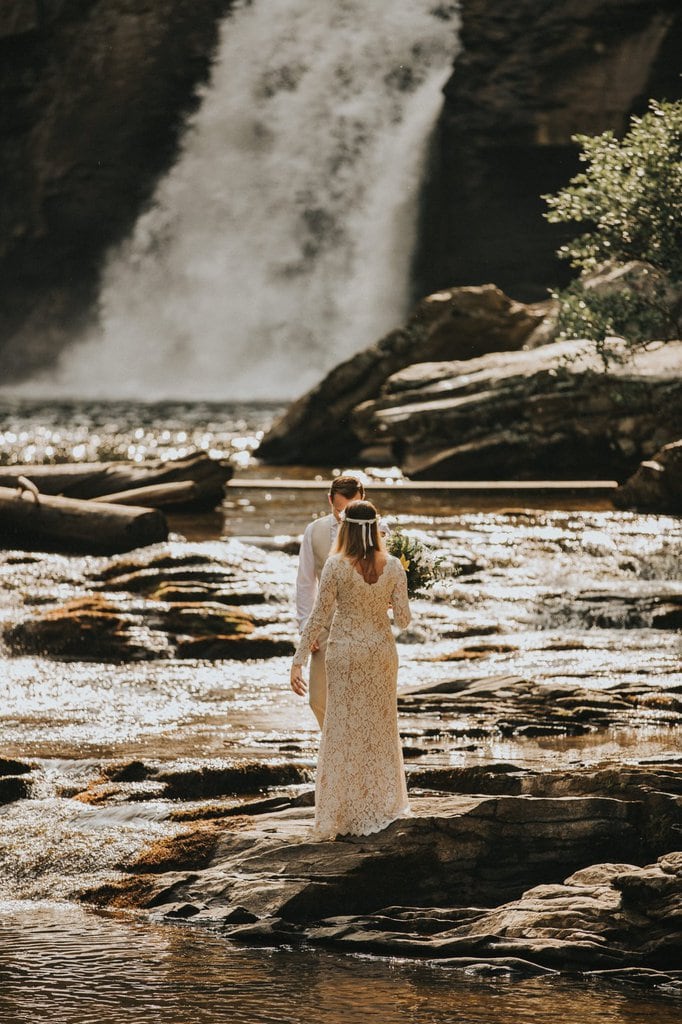 monica leavell photo linville gorge wilderness north carolina adventure elopement 004 bride and groom exchange first look.