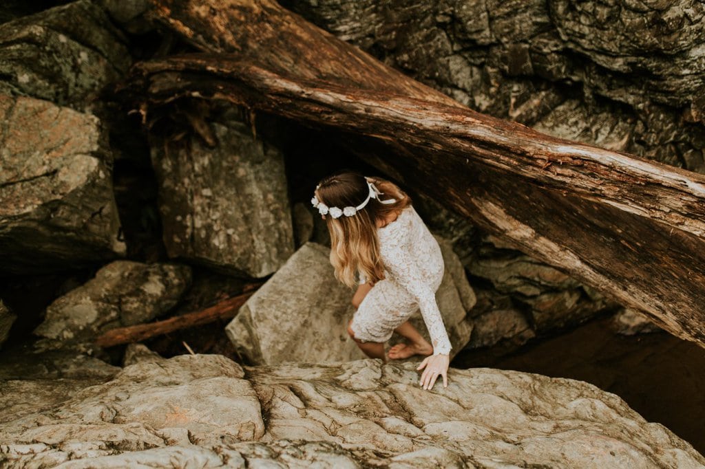 monica leavell photo linville gorge wilderness north carolina adventure elopement 020 bride climbing down linville gorge wilderness.