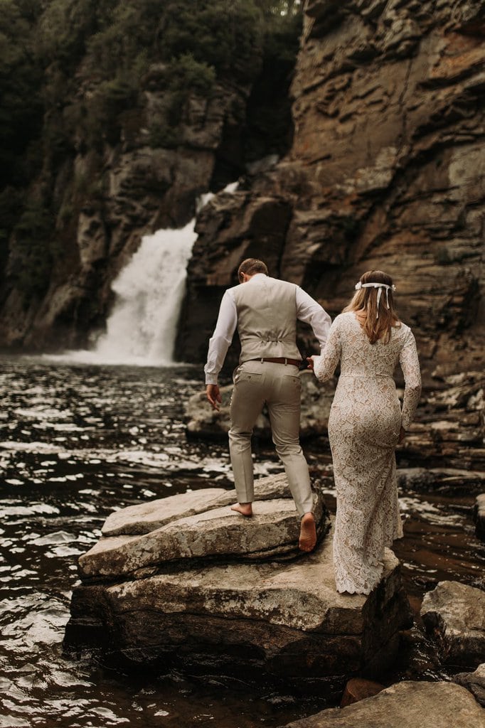monica leavell photo linville gorge wilderness north carolina adventure elopement 021 bride and groom hike in linville gorge wilderness.