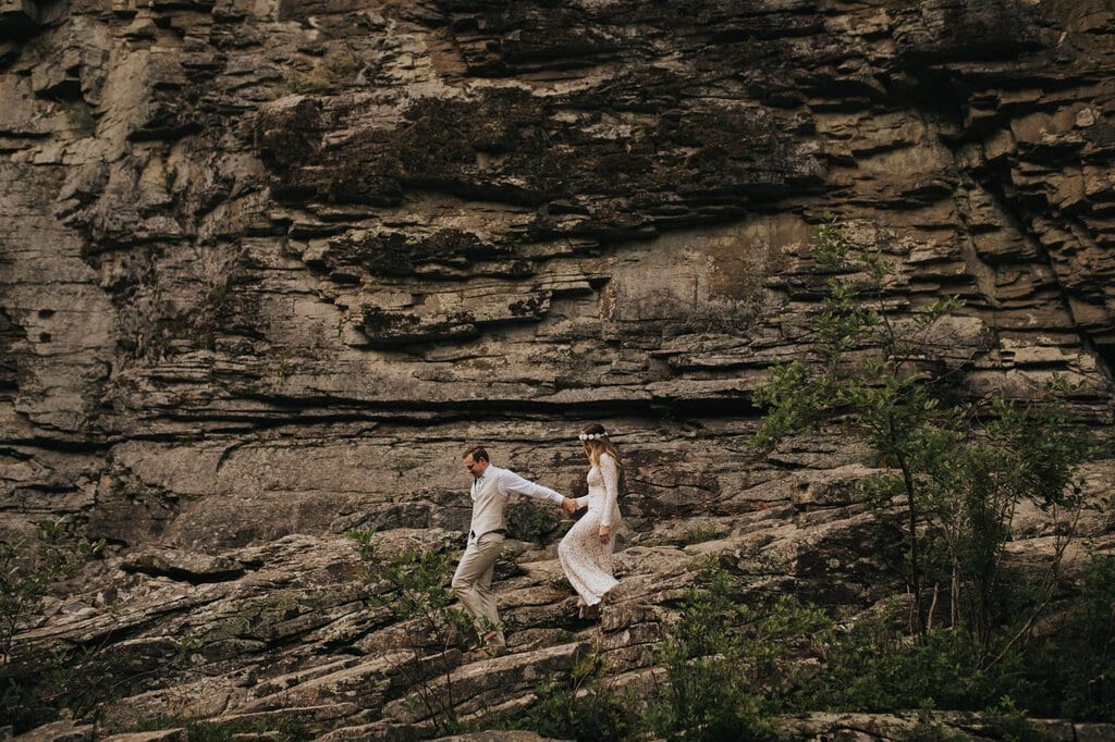 monica leavell photo linville gorge wilderness north carolina adventure elopement 026 bride and groom hiking in North Carolina.
