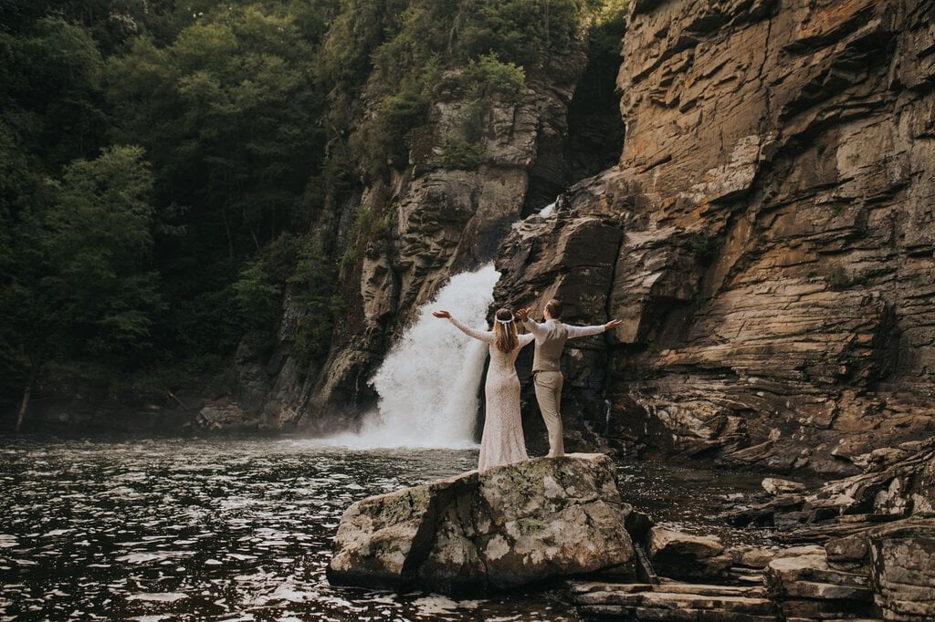 monica leavell photo linville gorge wilderness north carolina adventure elopement 030 bride and groom celebrate together.