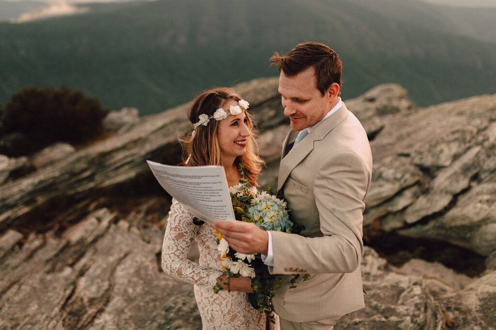 monica leavell photo linville gorge wilderness north carolina adventure elopement 033 bride exchanges vows in Linville gorge wilderness.