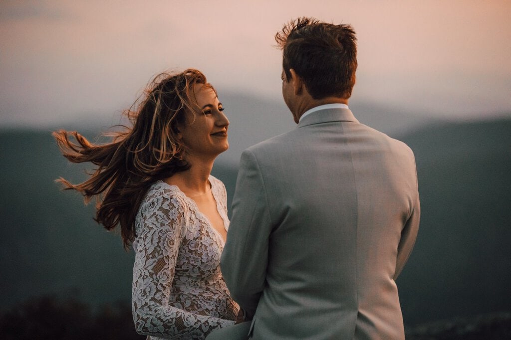 monica leavell photo linville gorge wilderness north carolina adventure elopement 042 couple gazing at each other before saying I do.