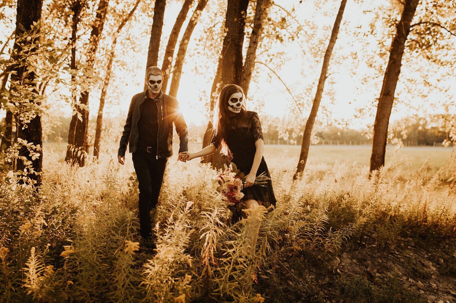 couple walk in forest.