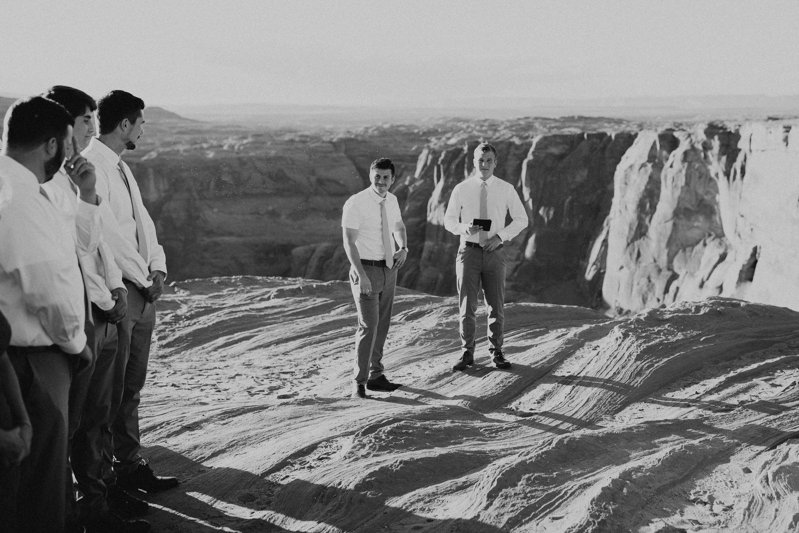 Savanna-Kaye-Horseshoe-Bend-Antelope-Canyon-Elopement_Arizona-6286 groom waits for his bride at Horseshoe Bend.