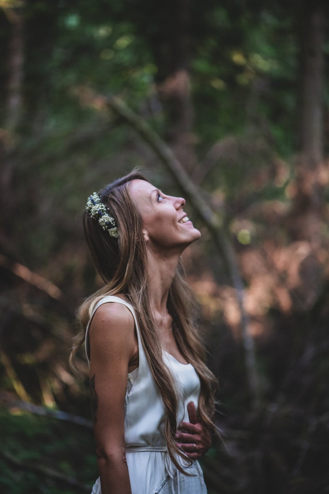 Bridal portrait in forest wedding.