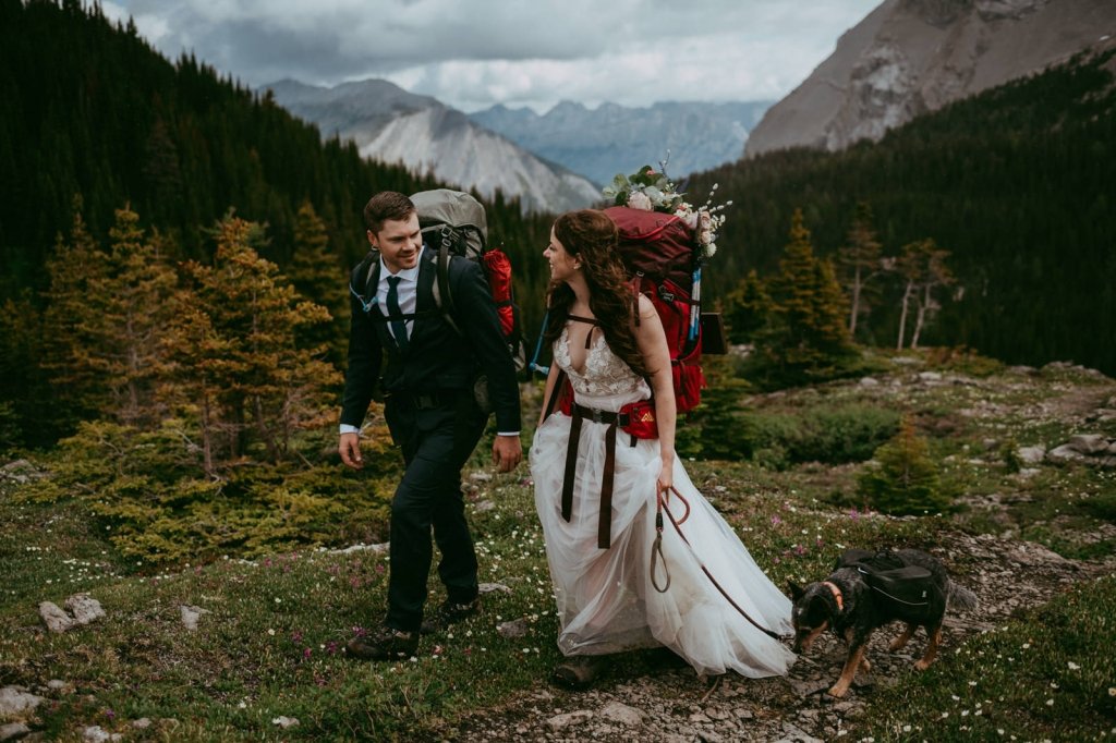 Backpacking adventure hiking elopement in Kananaskis Country near Banff, Alberta, Canada