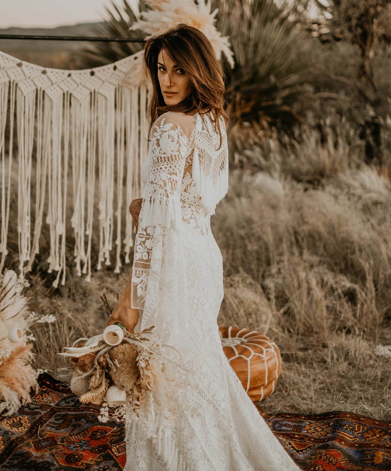 Marfa Eclectic Elopement A&Be Bridal dress in boho wedding shoot.