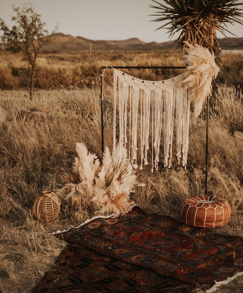 Marfa Eclectic Elopement Boho wedding backdrop.
