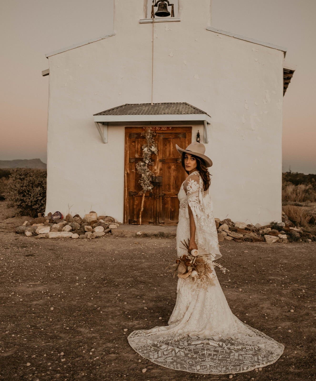 Marfa Eclectic Elopement bridal portrait of a boho bride.