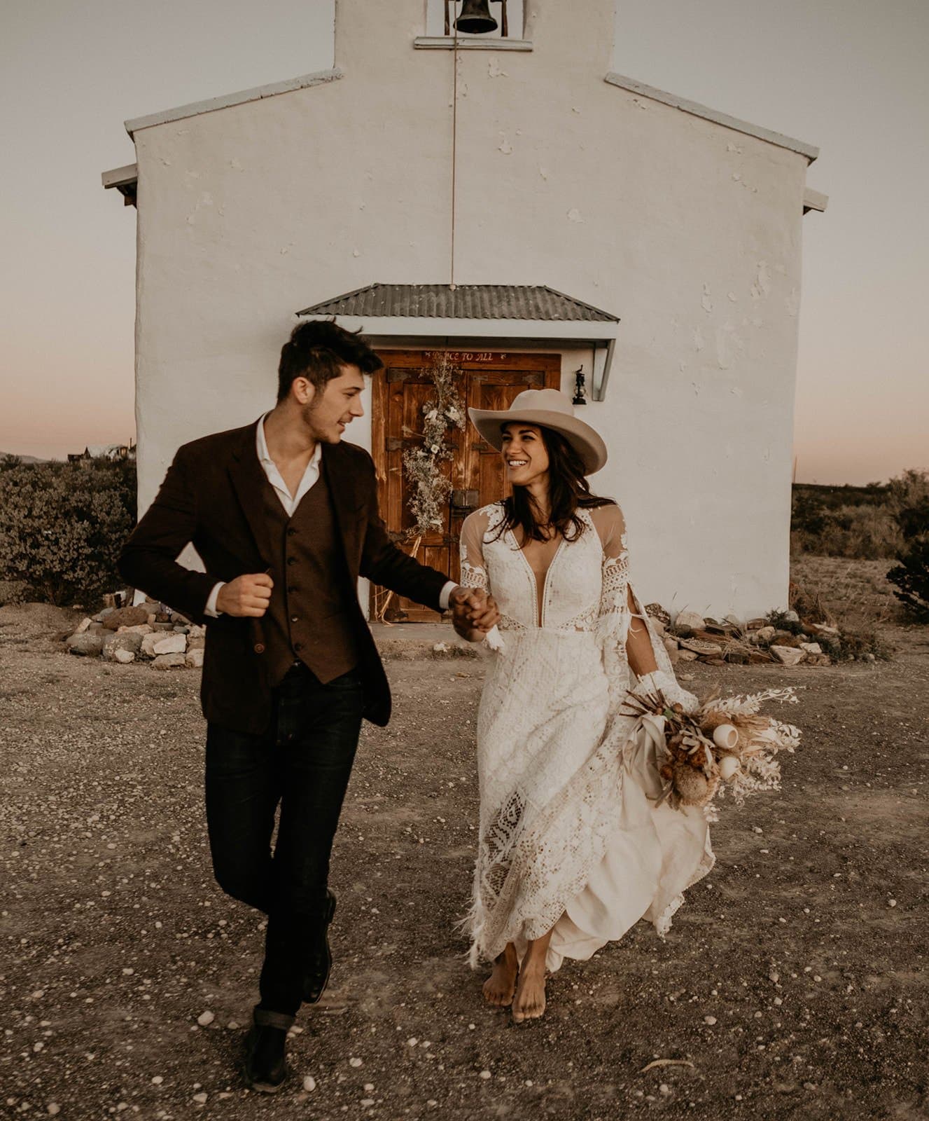 Marfa Eclectic Elopement boho couple having fun.