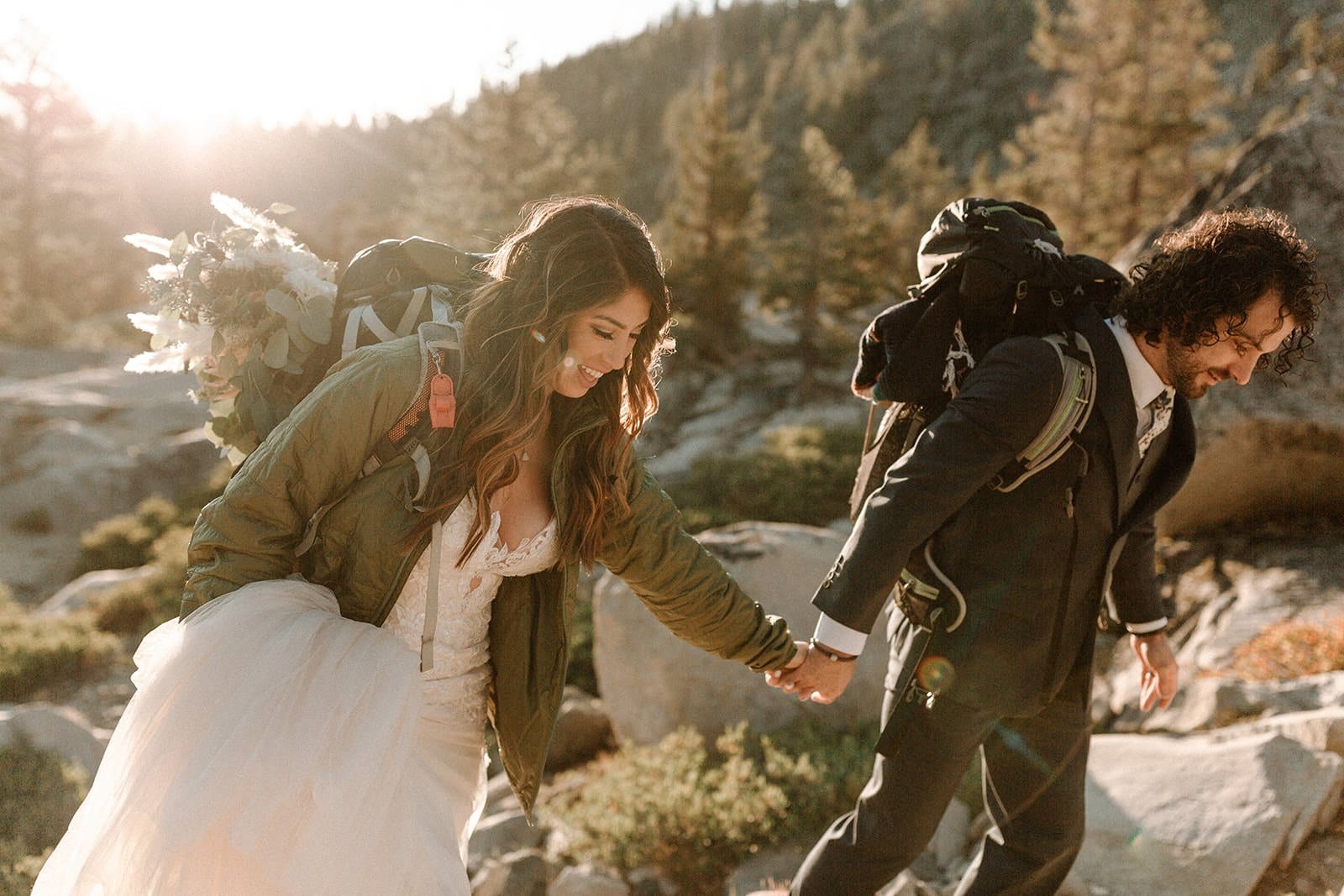 bride and groom hiking