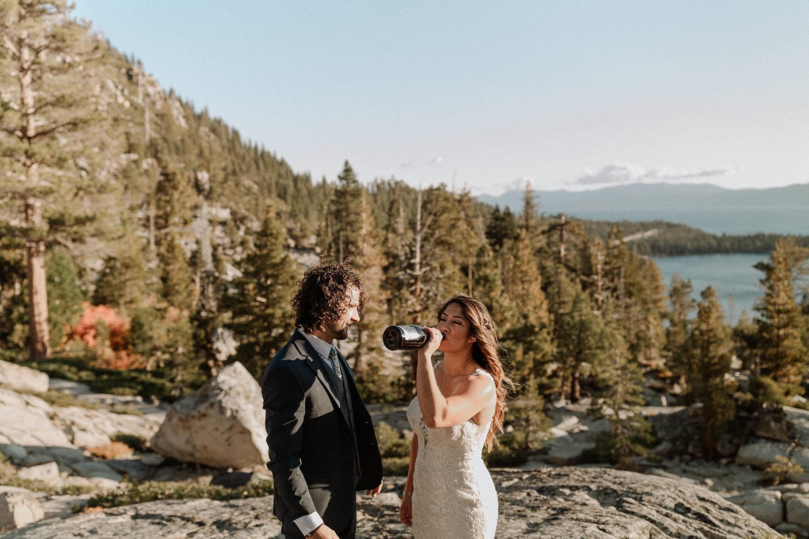 bride drinking champagne.