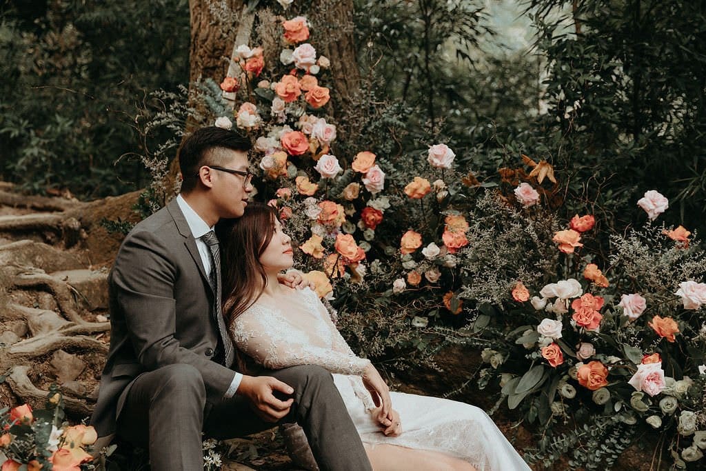 bride and groom portraits on a mountain.