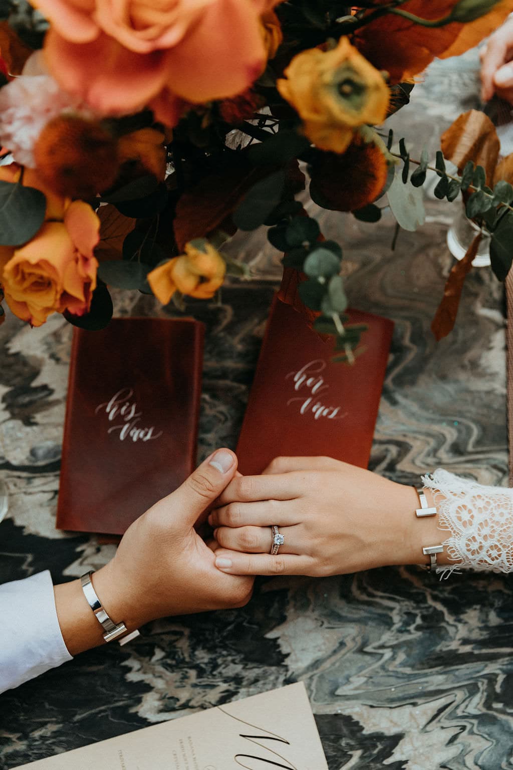 vow detail photography with couple holding hands.