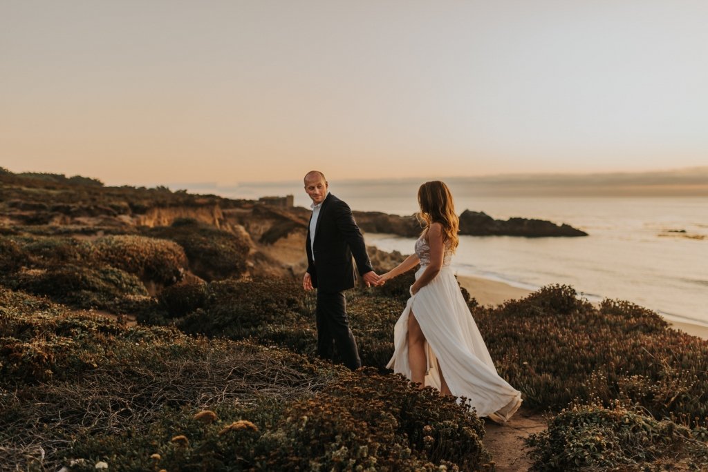 bride and groom walking in Big Sur