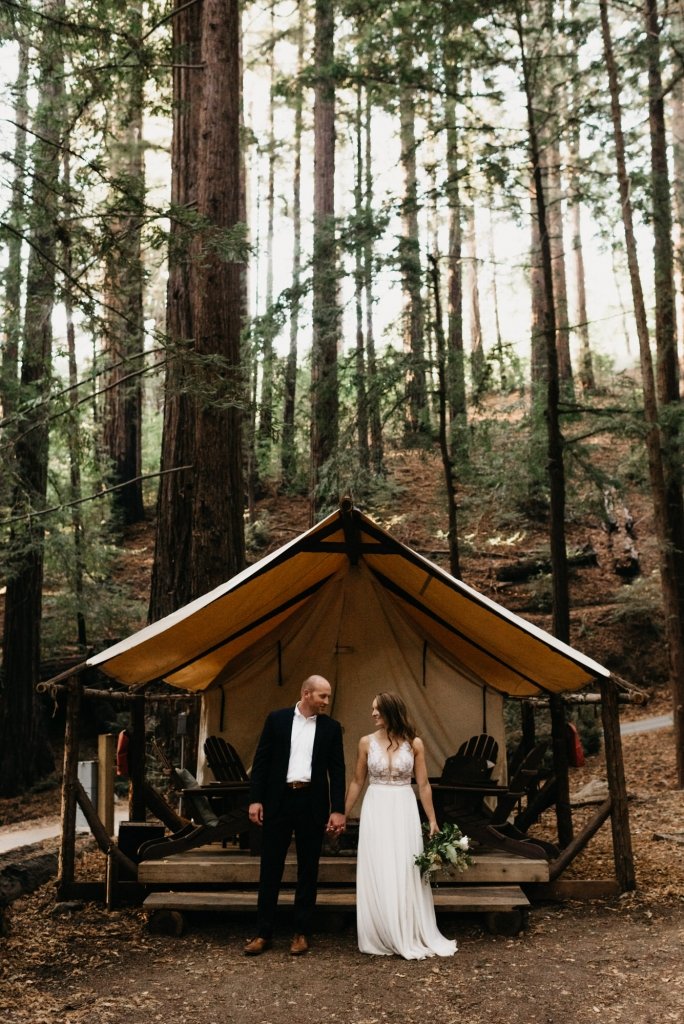 bride and groom camping in the Redwoods