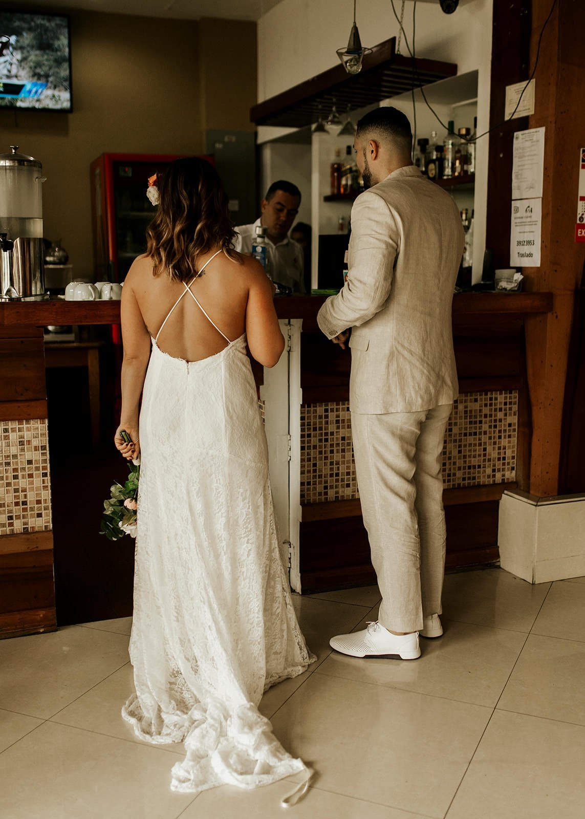 Jamie & Joey bride and groom waiting to take a shot