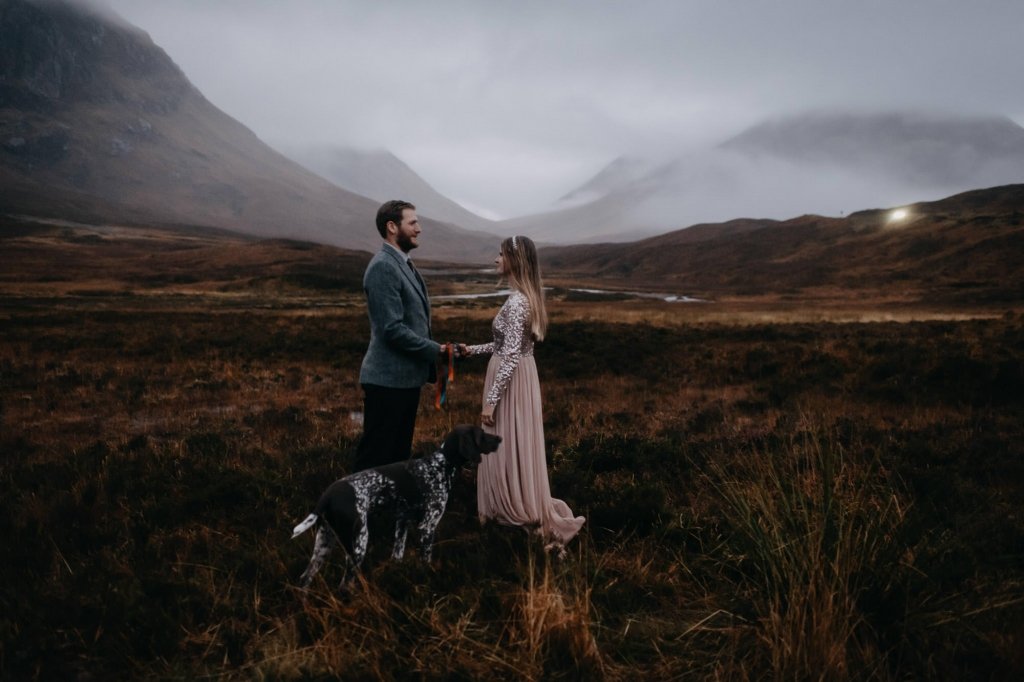 couple celebrating their engagement in Glencoe with their adorable dog.